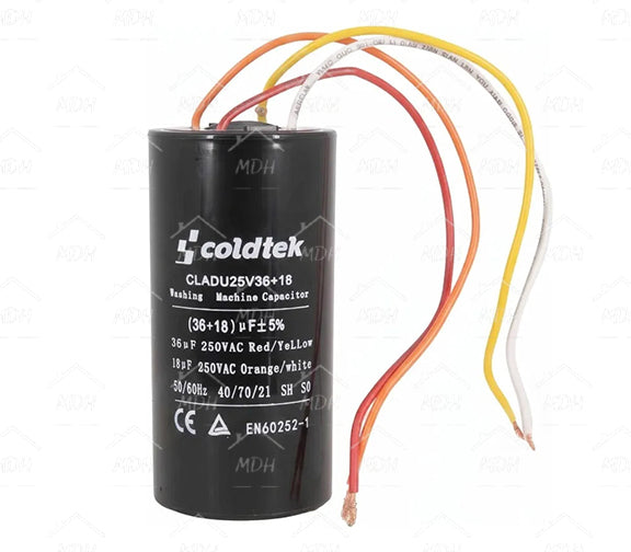 Capacitor de trabajo dual para lavadora Coldtek 36uF + 18uF