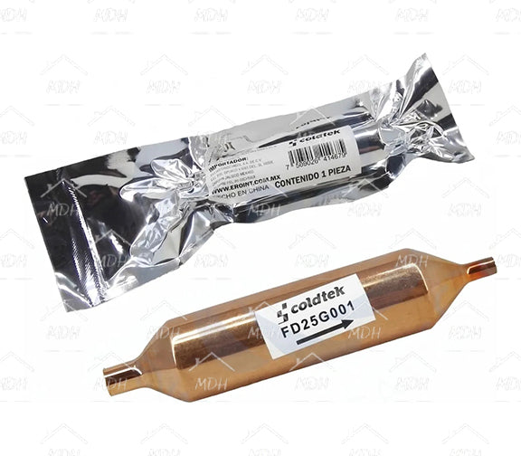 Filtro deshidratador soldable para refrigerador 25 g con colillas 1/4 HP hasta 1/2 H COLDTEK